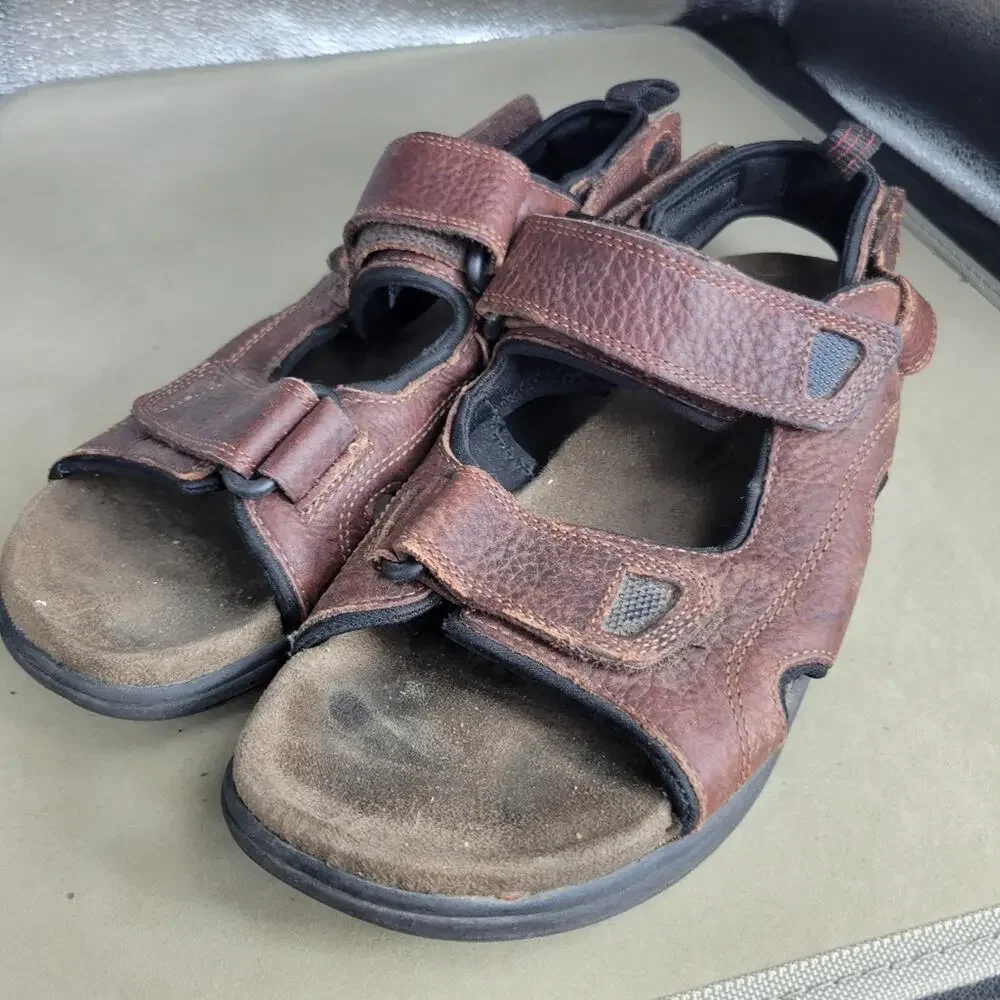 EARTH SHOE Sandals Men Size 10.5 Fisherman Brown Leather Strap Comfort Adjusting